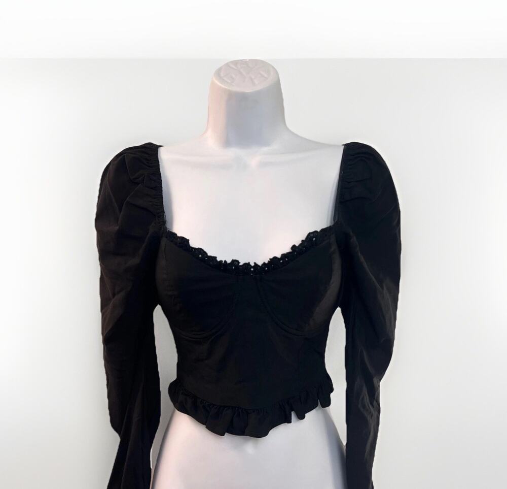 Blue Blush Black Long Balloon Sleeve Corset Crop Top Ruffle Size Medium